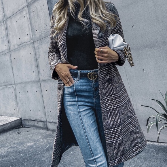 Houndstooth Plaid Double Breasted Button Jacket Coat - Picture 2 of 5